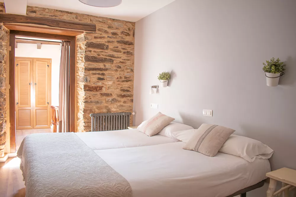 Interior habitación número 2. Dos camas adornadas con dos macetas en la pared, corredor de fondo con puertas que dan a un balcón con vistas a Pedrafita